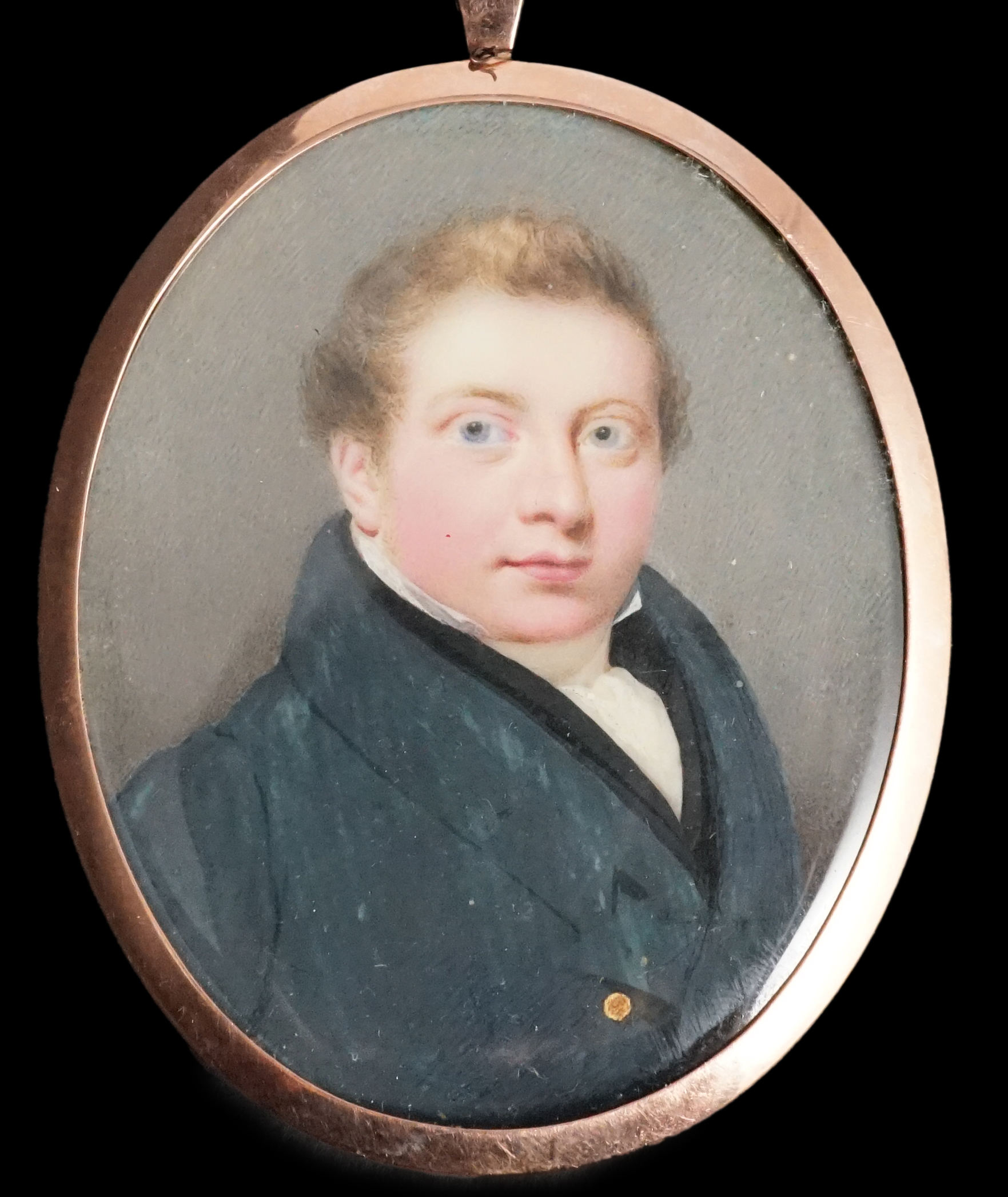 Thomas Harper (1820-1889), A self-portrait of the artist, wearing blue coat with brass buttons, black waistcoat and tied white stock, watercolour on ivory, 6 x 4.75cm. CITES Submission reference Q85TSZDL